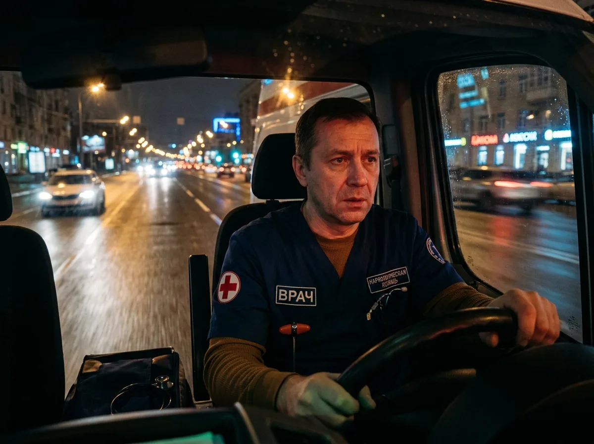 Врач-нарколог в профессиональном медицинском костюме едет на экстренный вызов к пациенту ночью, вид из машины на огни ночной Москвы, тёмный атмосферный тон, доверие и срочность