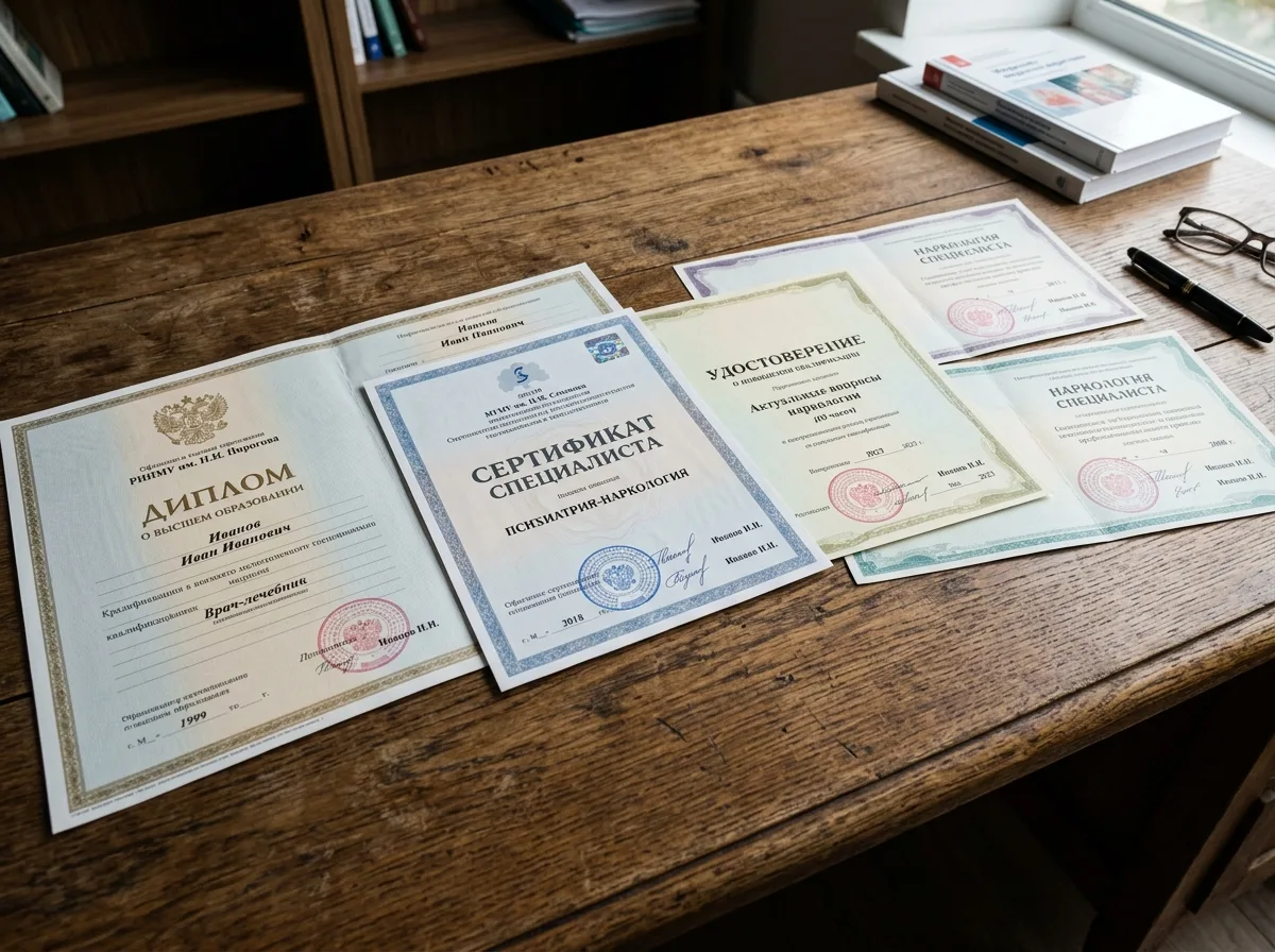 Сертификаты специалистов-наркологов, дипломы о медицинском образовании и свидетельства о повышении квалификации, разложенные на деревянном столе