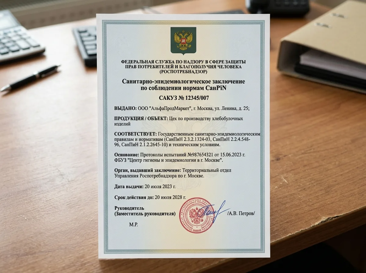 Документ о соответствии санитарным нормам СанПиН, выданный Роспотребнадзором, официальная бумага с государственной символикой