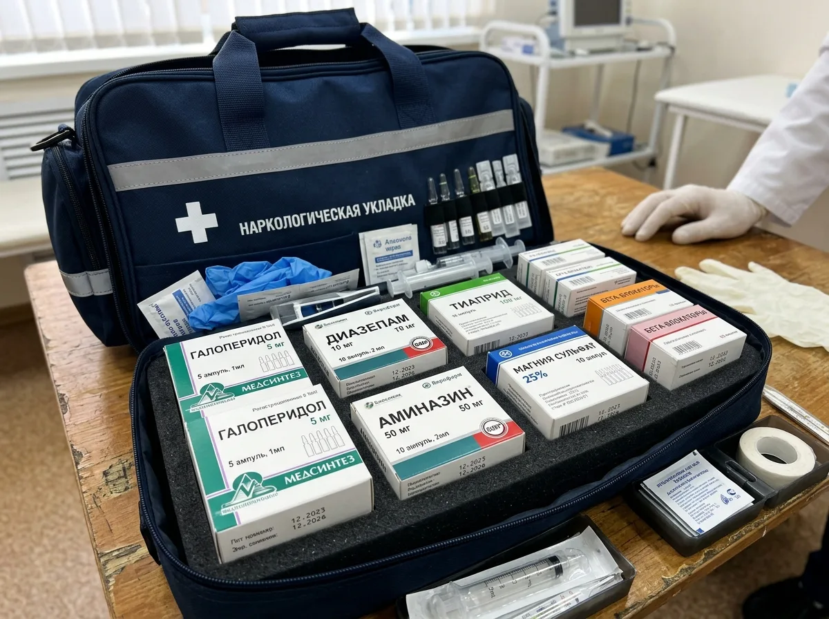 Упаковки оригинальных сертифицированных медицинских препаратов в наркологической укладке врача, крупный план, профессиональный вид